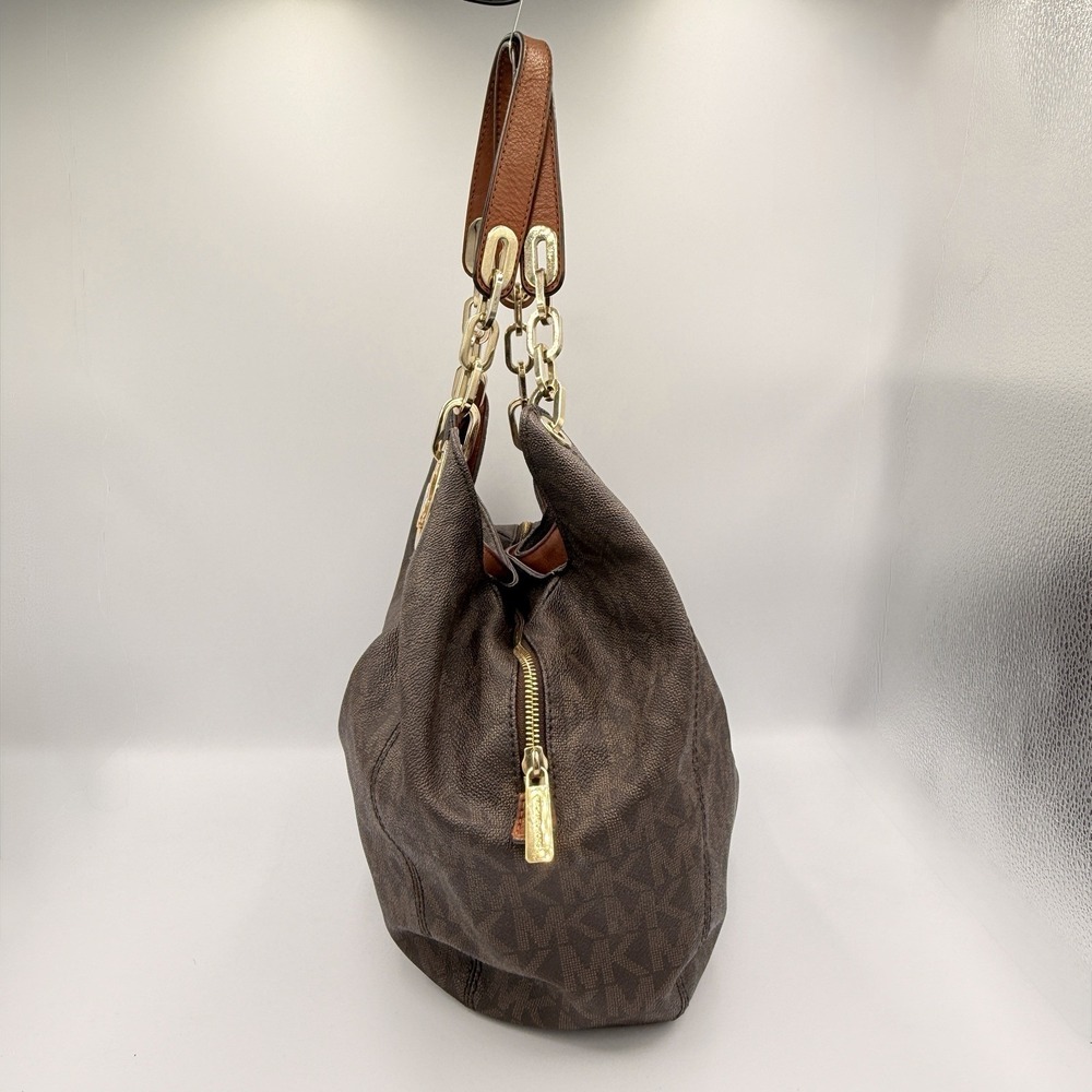 Michael Kors Fulton MK Monogram Hobo Bag Brown Chain Strap Shoulder Slouchy - Picture 3 of 16